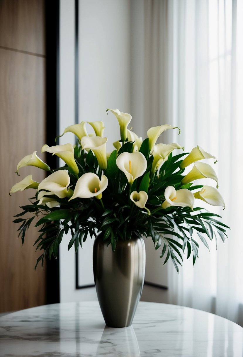 A modern olive and calla lily wedding bouquet arranged in a sleek vase on a marble table