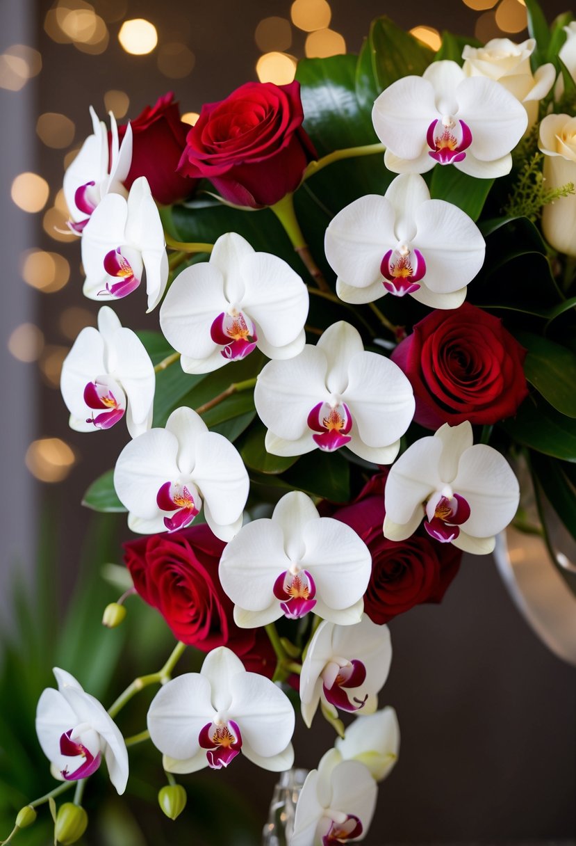 A bouquet of white orchids and red roses arranged in a cascading design