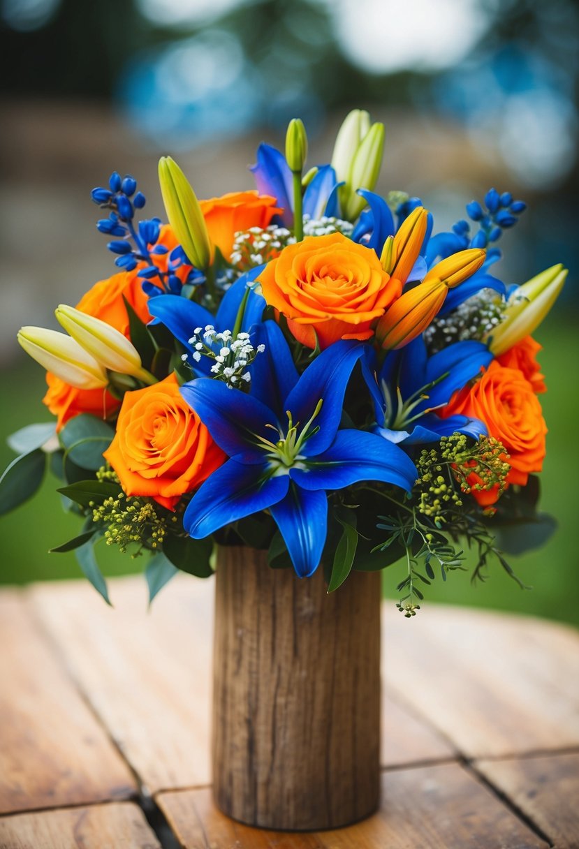 A vibrant orange and blue wedding bouquet with roses, lilies, and greenery, arranged in a rustic wooden vase