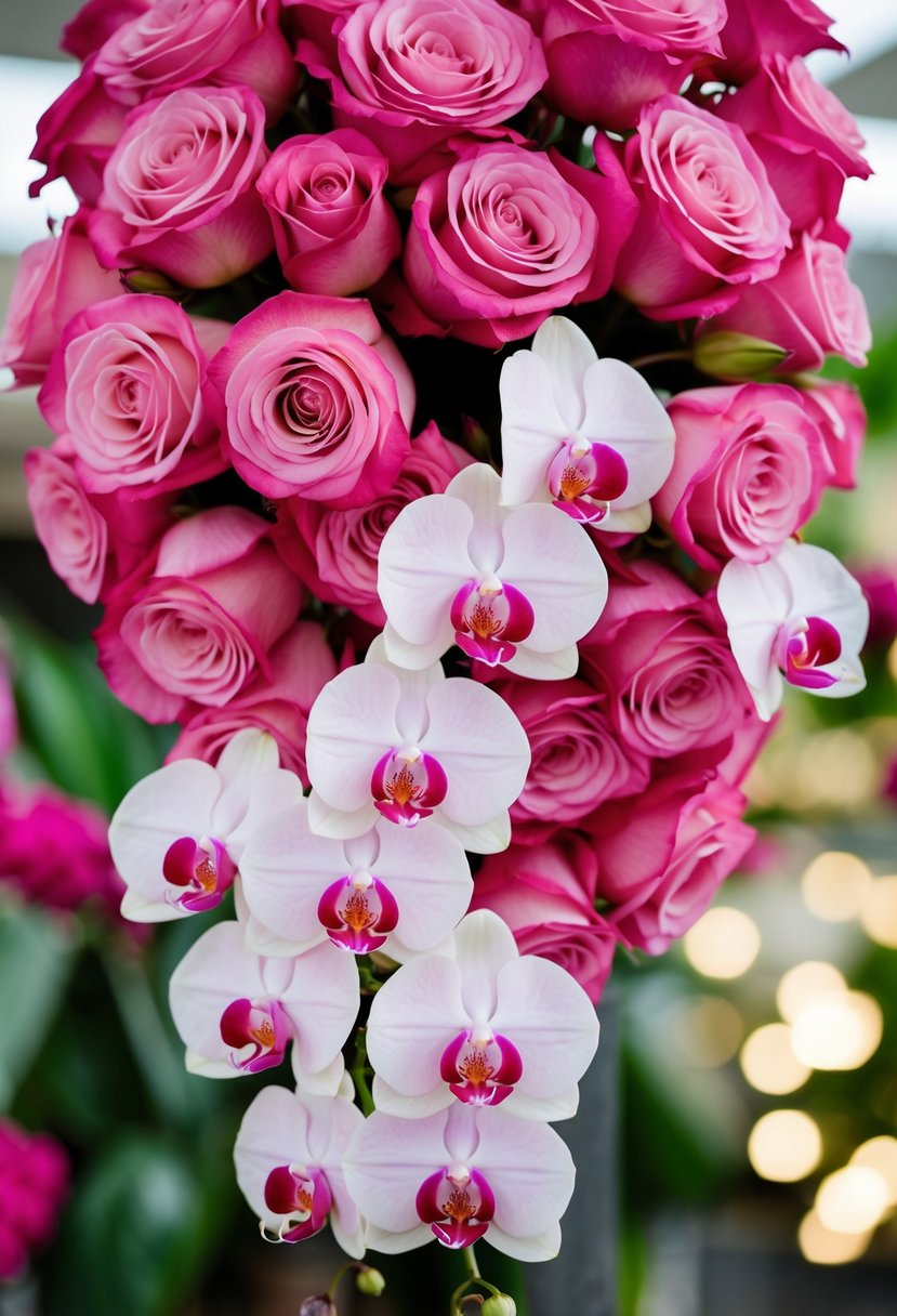 A cascading bouquet of pink roses and white orchids