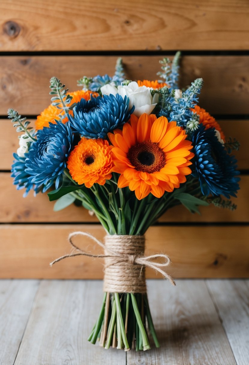 A rustic wedding bouquet with vibrant orange and denim blue flowers, tied with twine and set against a wooden backdrop