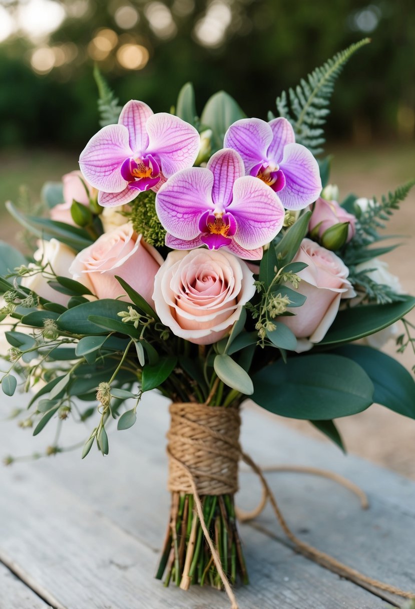 A rustic wedding bouquet with a mix of orchids and blush roses, tied together with twine and greenery