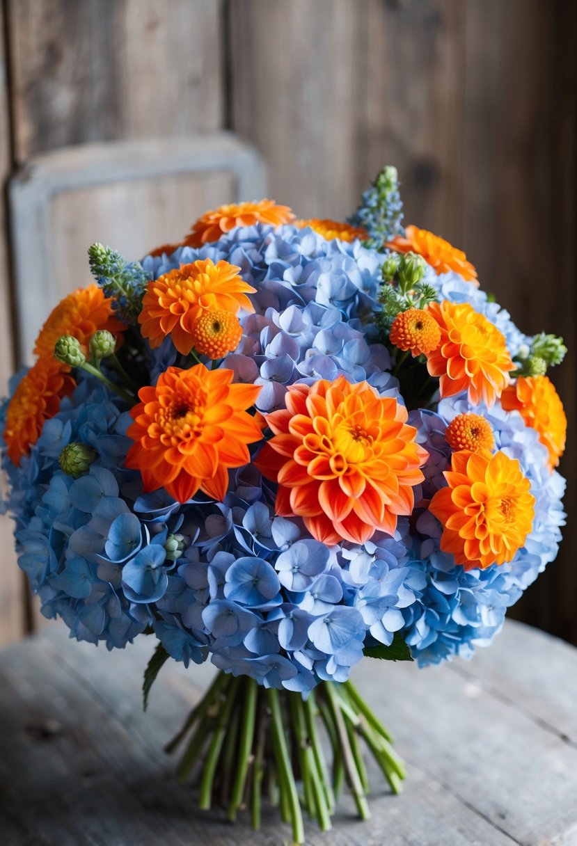 A bouquet of soft blue hydrangeas and vibrant orange dahlias arranged in a rustic, elegant style