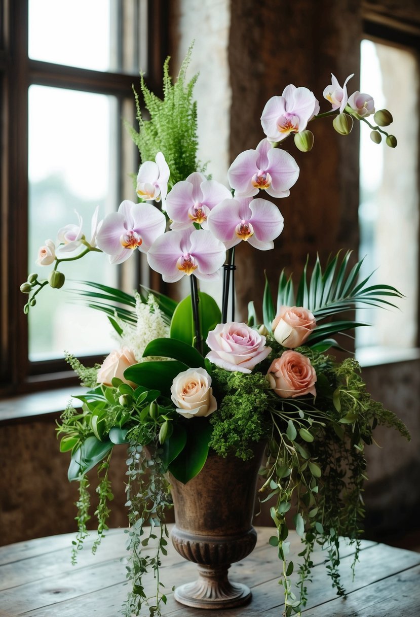 A lush bouquet of Bohemian Orchid and Rose Blend, with cascading greenery, nestled in a vintage vase on a rustic wooden table