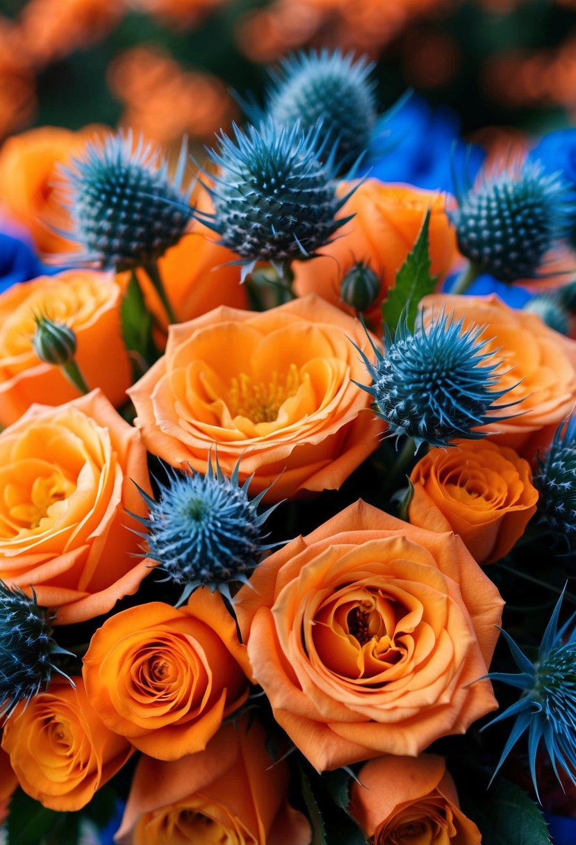 A bouquet of apricot roses and blue eryngium thistle arranged in a vibrant orange and blue color scheme