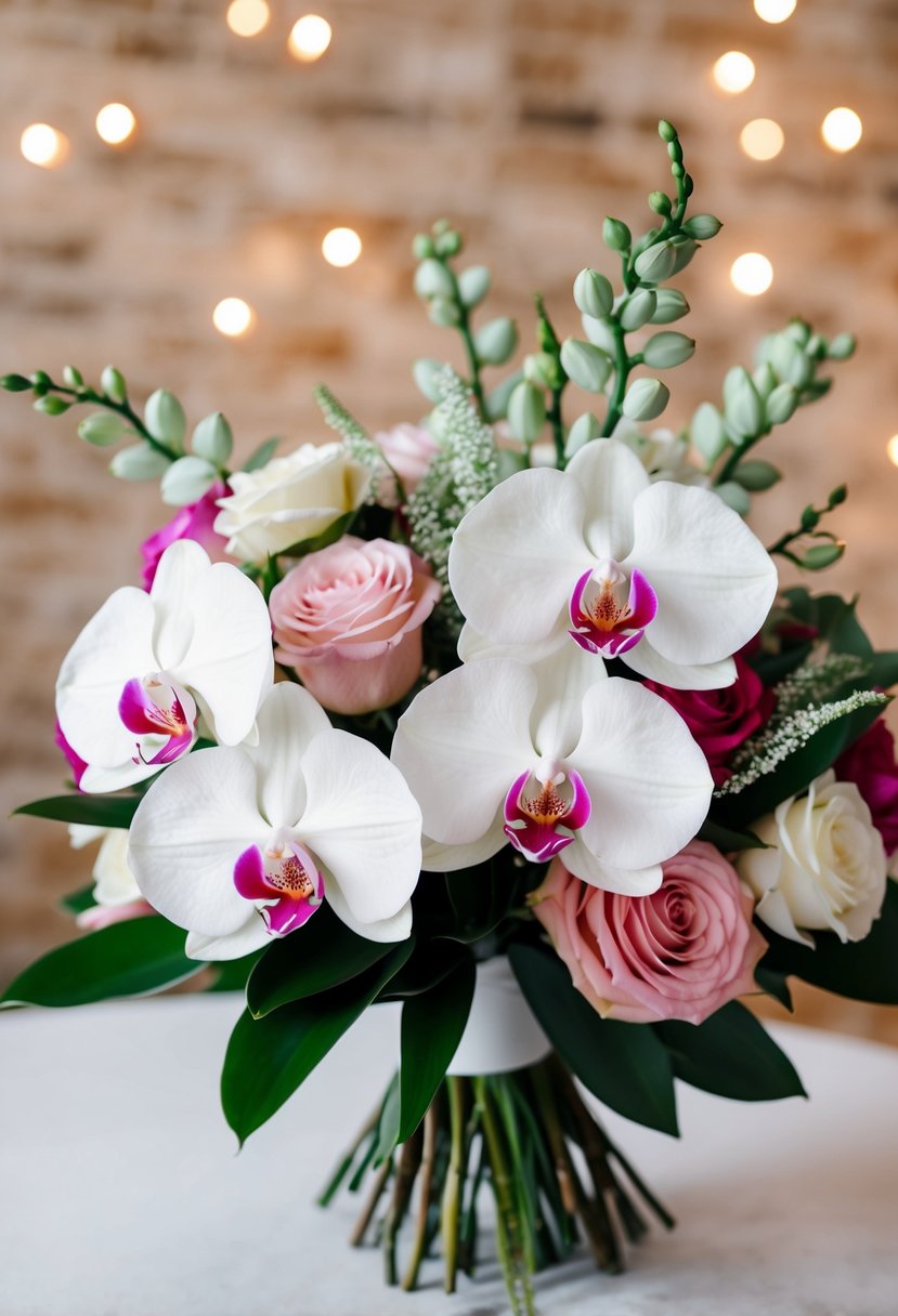 A modern wedding bouquet featuring white orchids and pink roses