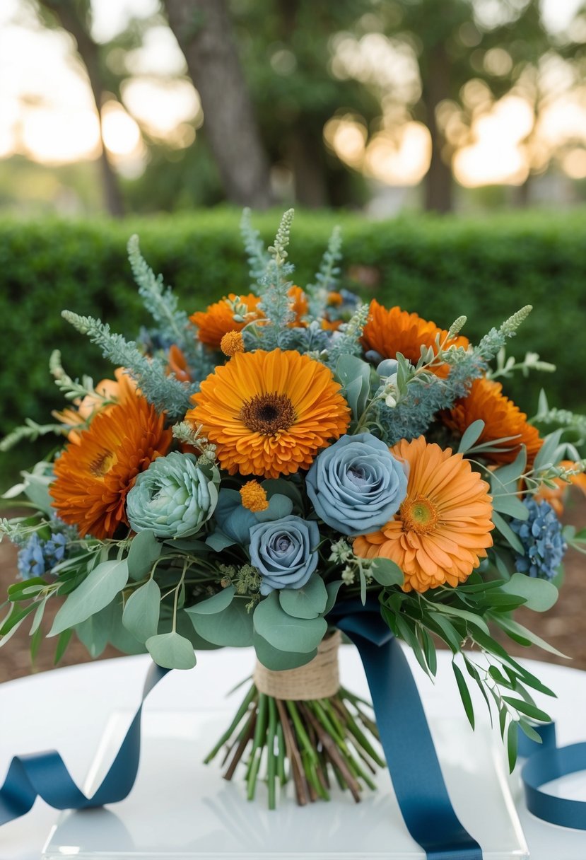 A bouquet of burnt orange and dusty blue flowers arranged in a harmonious display, with greenery and ribbon accents