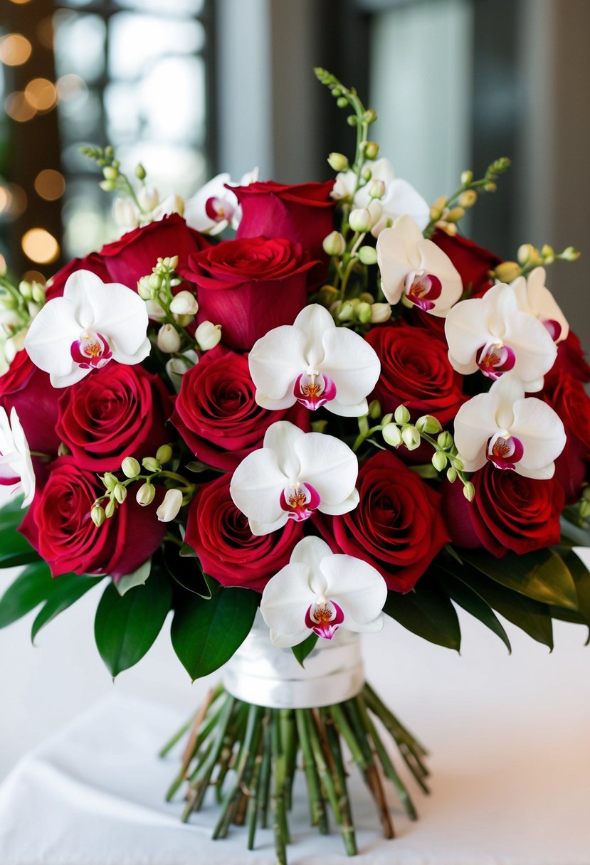 A lush bouquet of red roses and white orchids arranged in a classic wedding style