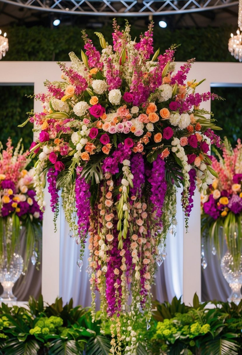 A grand, cascading bouquet of vibrant, opulent flowers, set against a backdrop of lush greenery and sparkling crystal accents