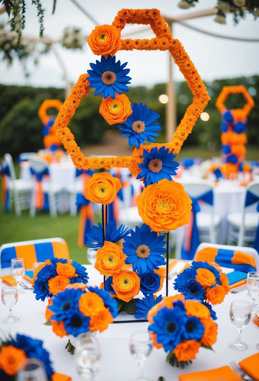 An orange and blue hexagon flower arch centerpiece adorns a wedding table, surrounded by matching bouquets