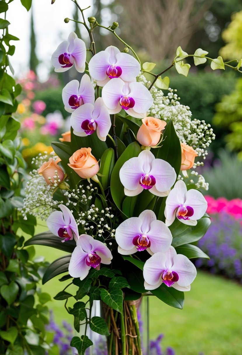 A lush bouquet of orchids and roses, intertwined with ivy and delicate baby's breath, set against a backdrop of a vibrant garden