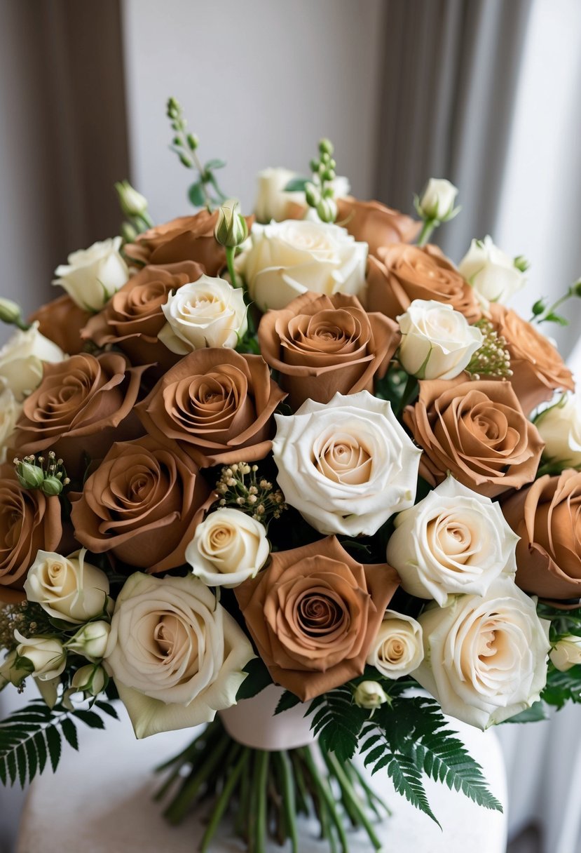 A stunning bouquet of toffee-colored roses and delicate quicksand roses arranged in a luxurious and elegant wedding bouquet