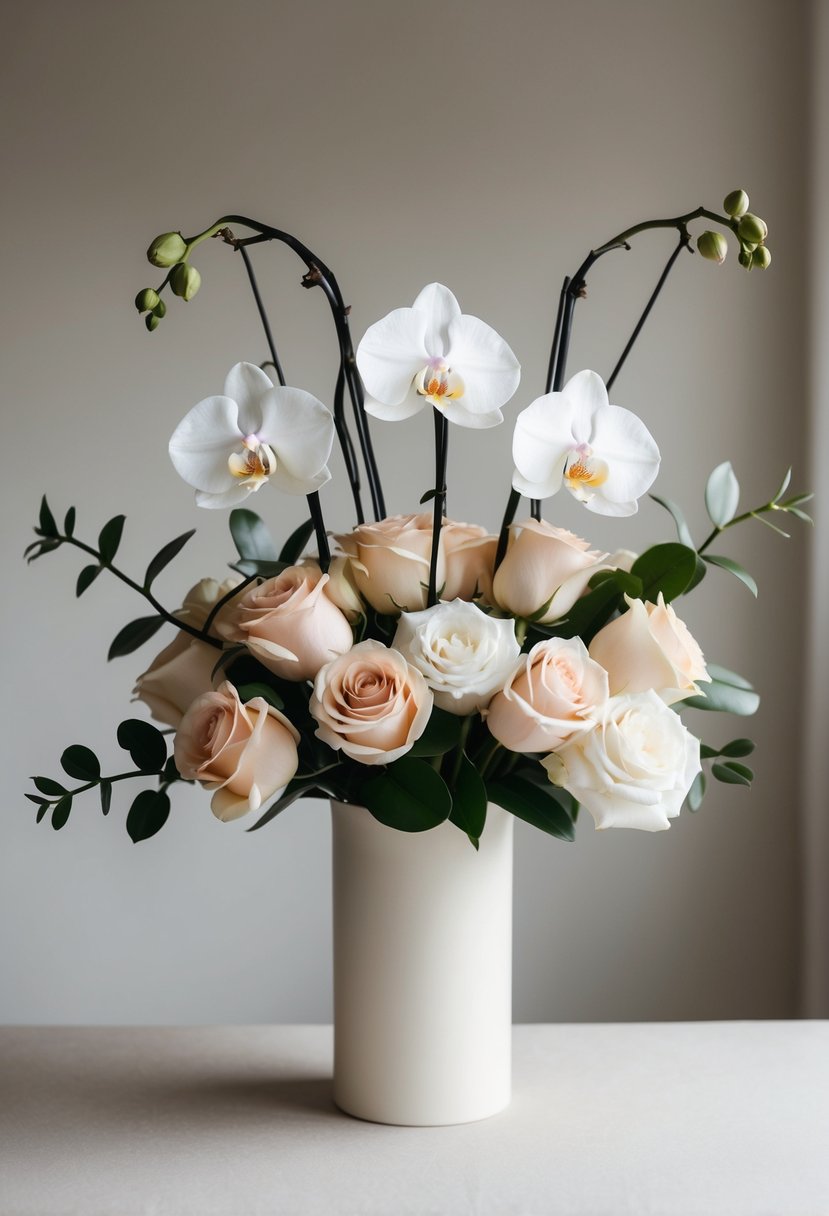 A simple bouquet of roses and orchids arranged in a minimalist style