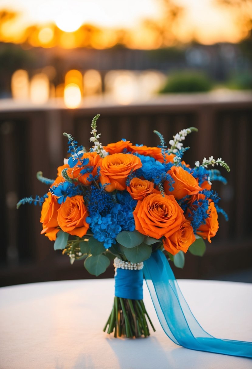 A burnt orange and blue wedding bouquet sits on a table, illuminated by the warm glow of a sunset