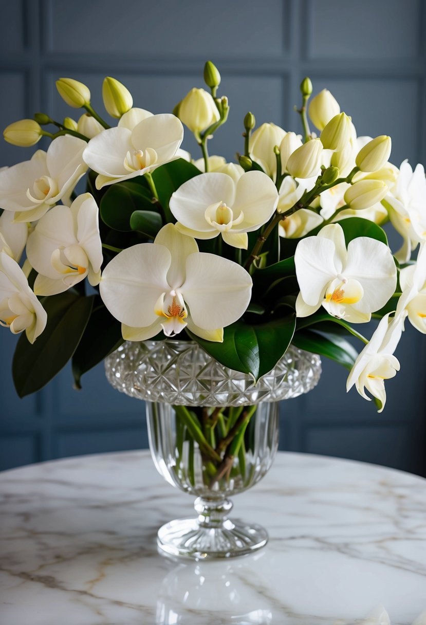 A lush bouquet of gardenias and orchids arranged in a crystal vase on a marble table