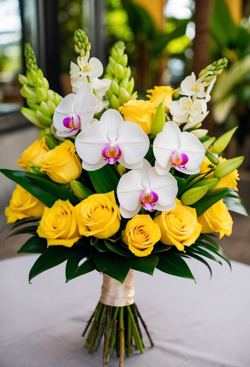 A lush bouquet of tropical orchids and vibrant yellow roses, arranged in an elegant wedding bouquet