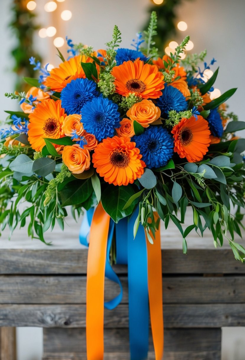 A vibrant bouquet of orange and blue sola wood flowers arranged in a cascading style, with greenery and ribbon accents