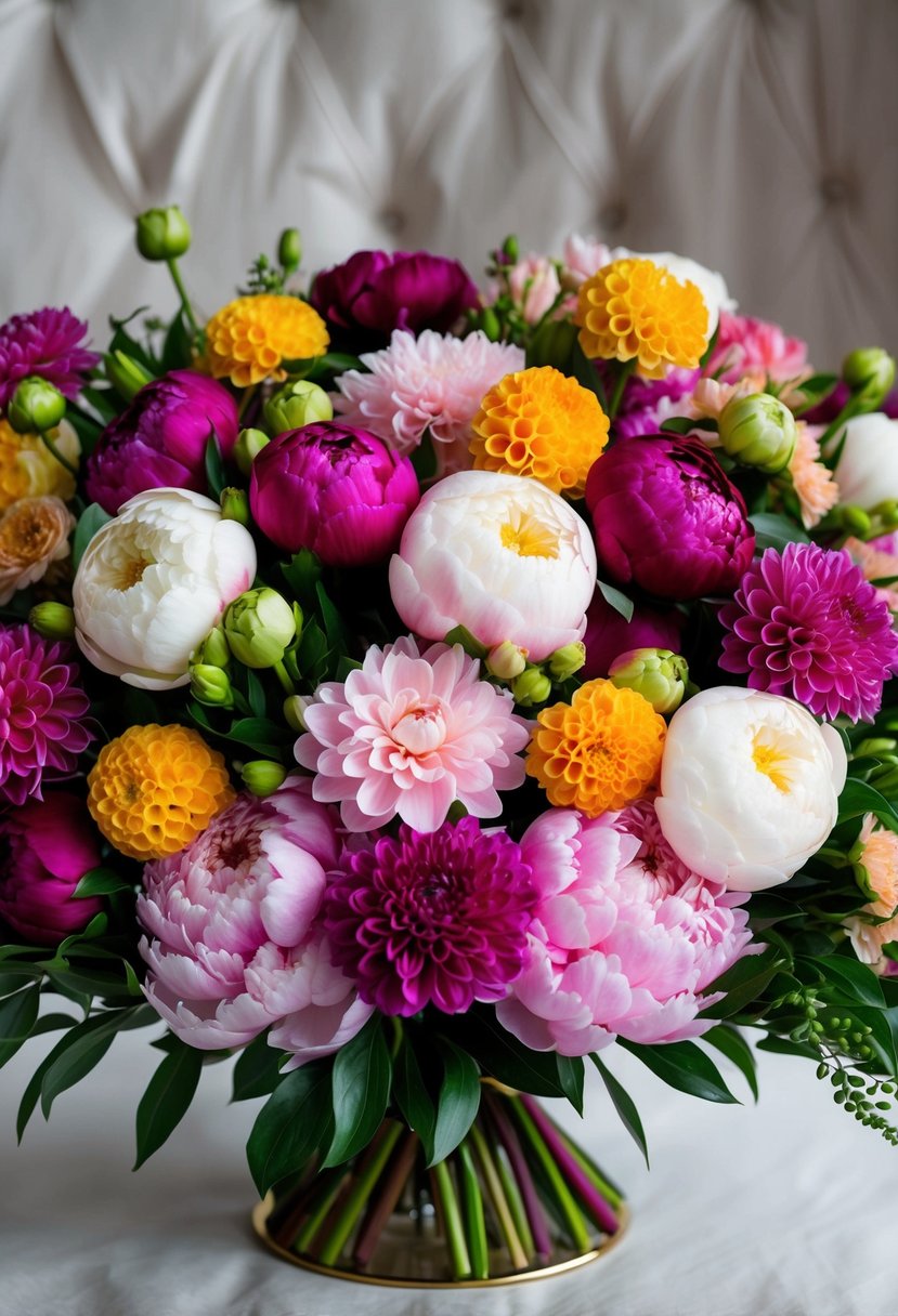 A lush bouquet of peonies and dahlias in a variety of colors, arranged in an opulent and elegant style