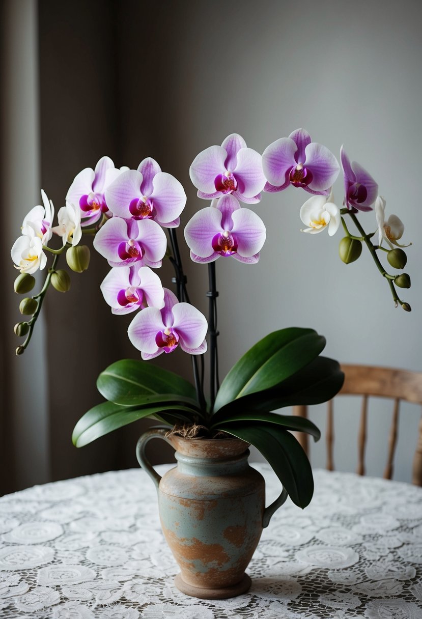 A vintage-inspired bouquet of orchids and roses arranged in a rustic, weathered vase on a lace-covered table