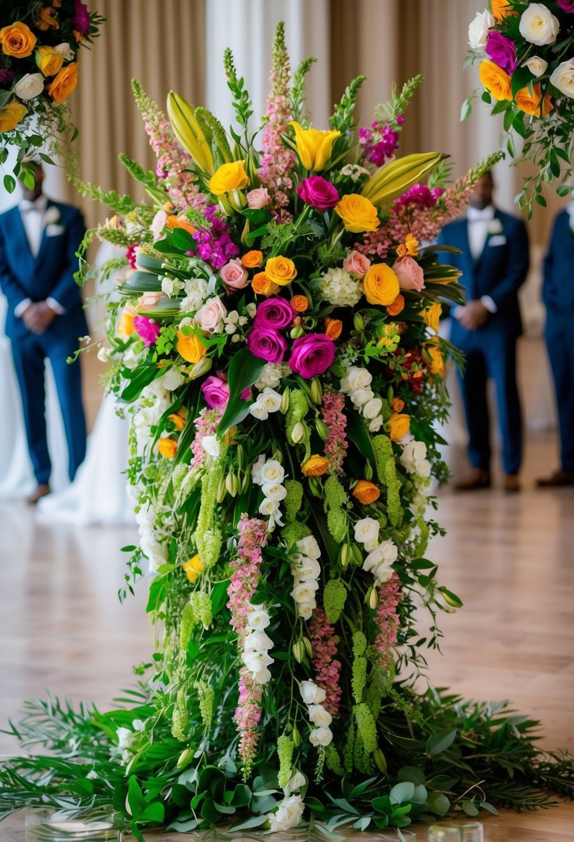 A colorful array of fresh flowers and greenery arranged in an opulent, cascading wedding bouquet