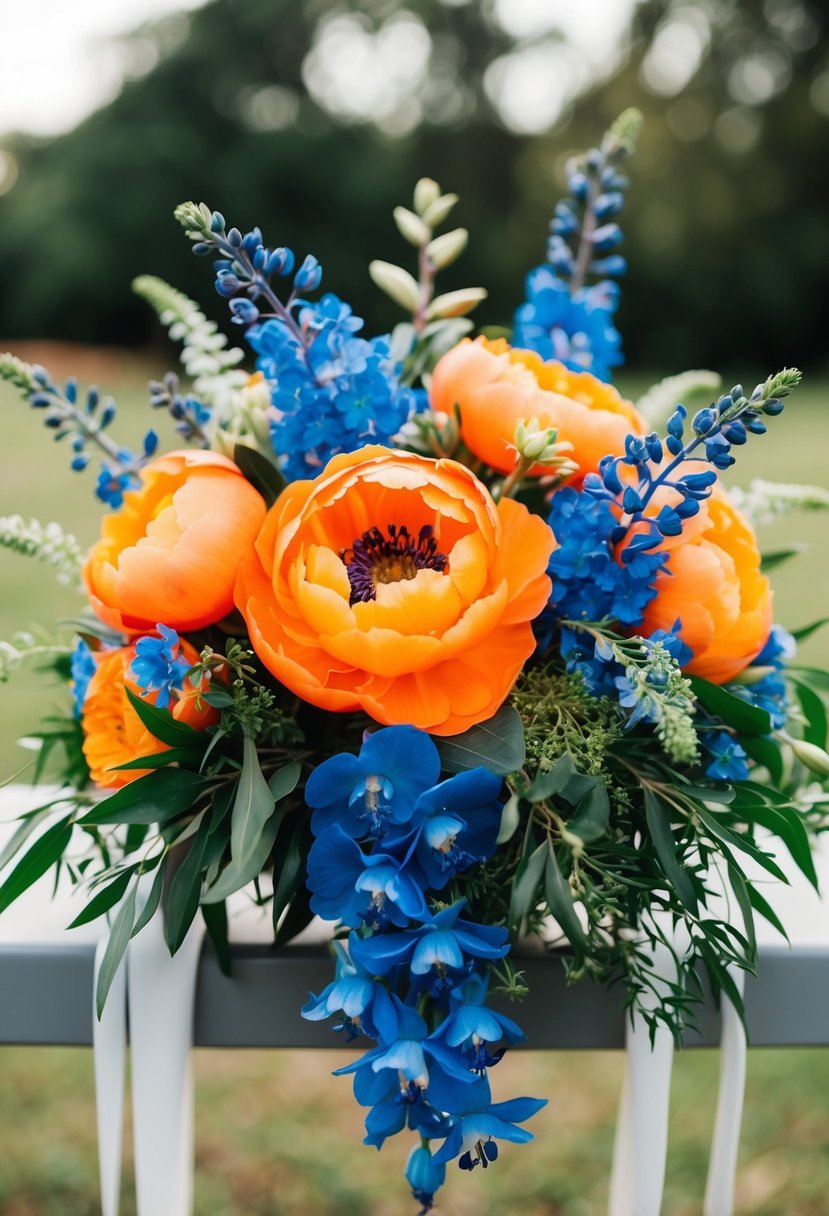 A vibrant orange and blue wedding bouquet featuring lush peonies, delicate delphiniums, and cascading greenery