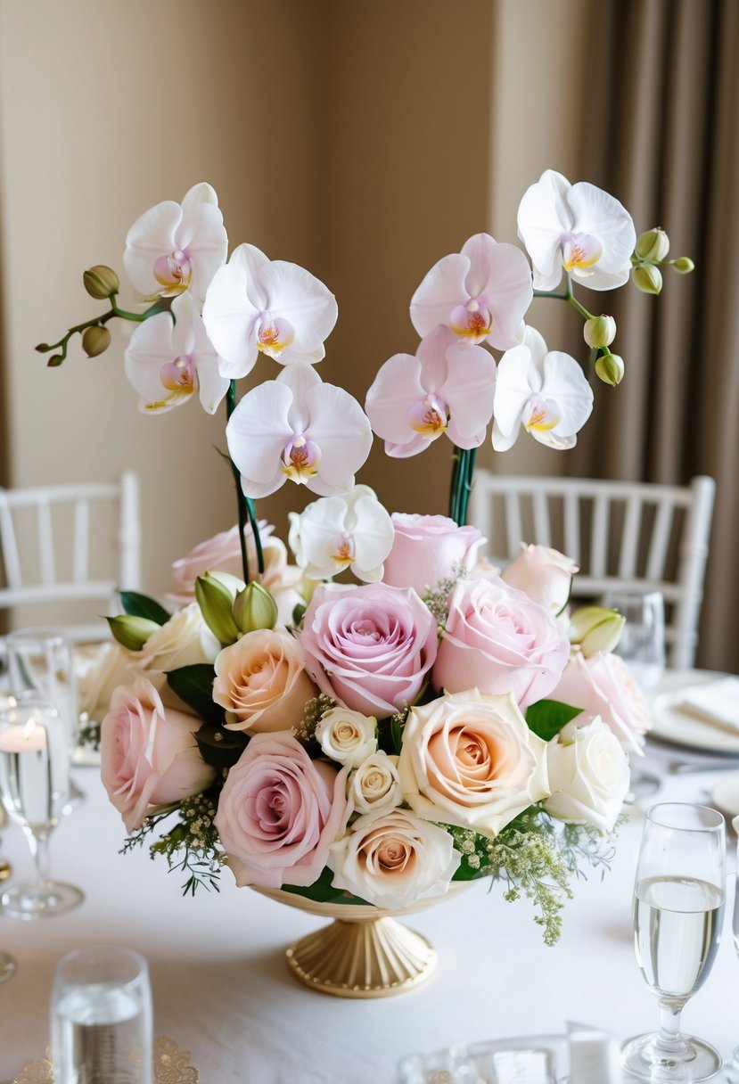 A delicate bouquet of soft pastel roses and orchids arranged in a romantic and elegant wedding centerpiece