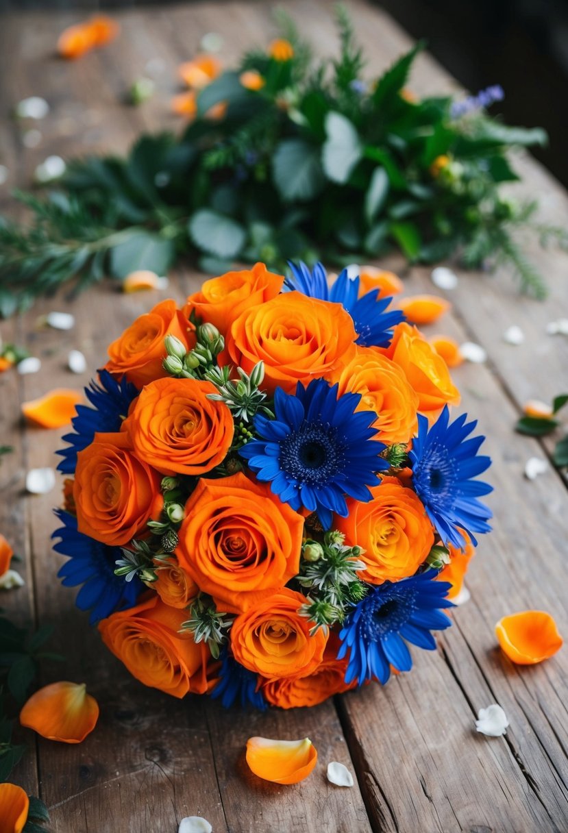 A vibrant orange and blue wedding bouquet sits on a rustic wooden table, surrounded by scattered flower petals and lush greenery