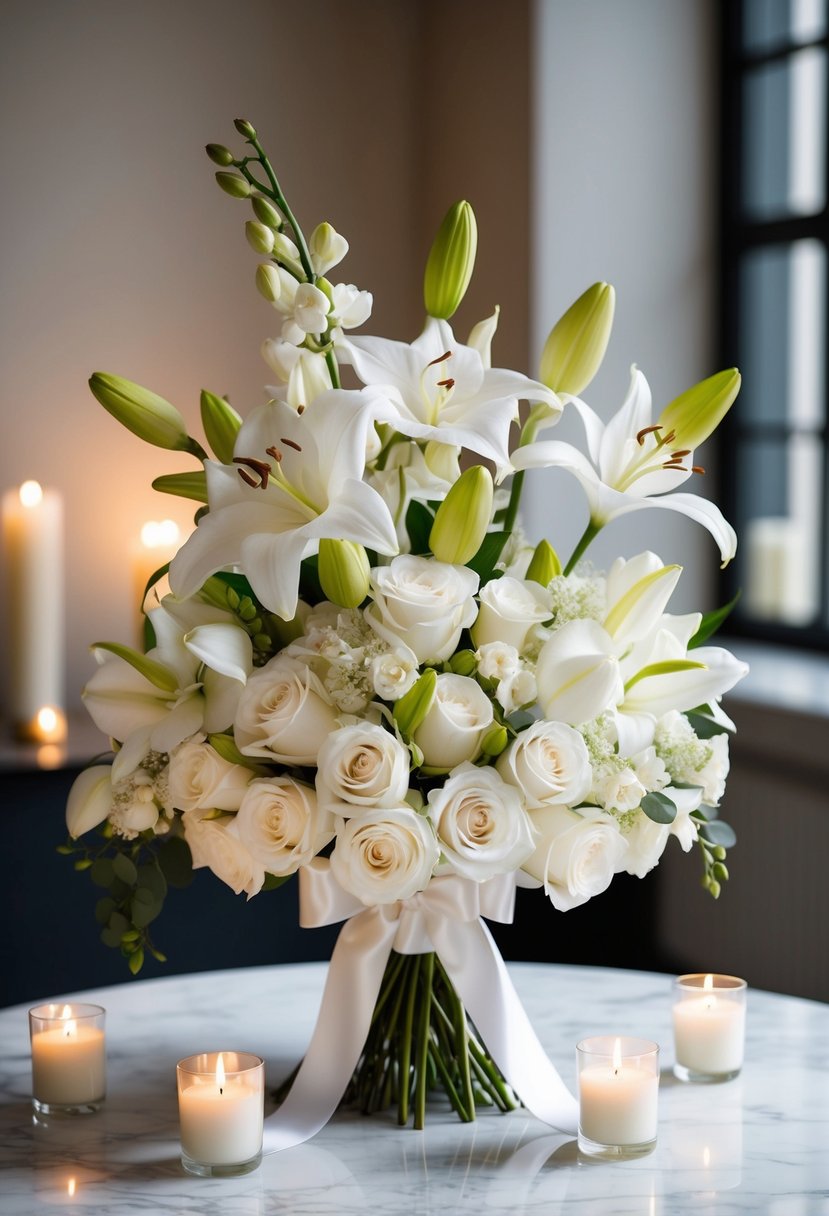 A pristine white bouquet of roses, lilies, and orchids, tied with a satin ribbon, sits on a marble table with soft candlelight