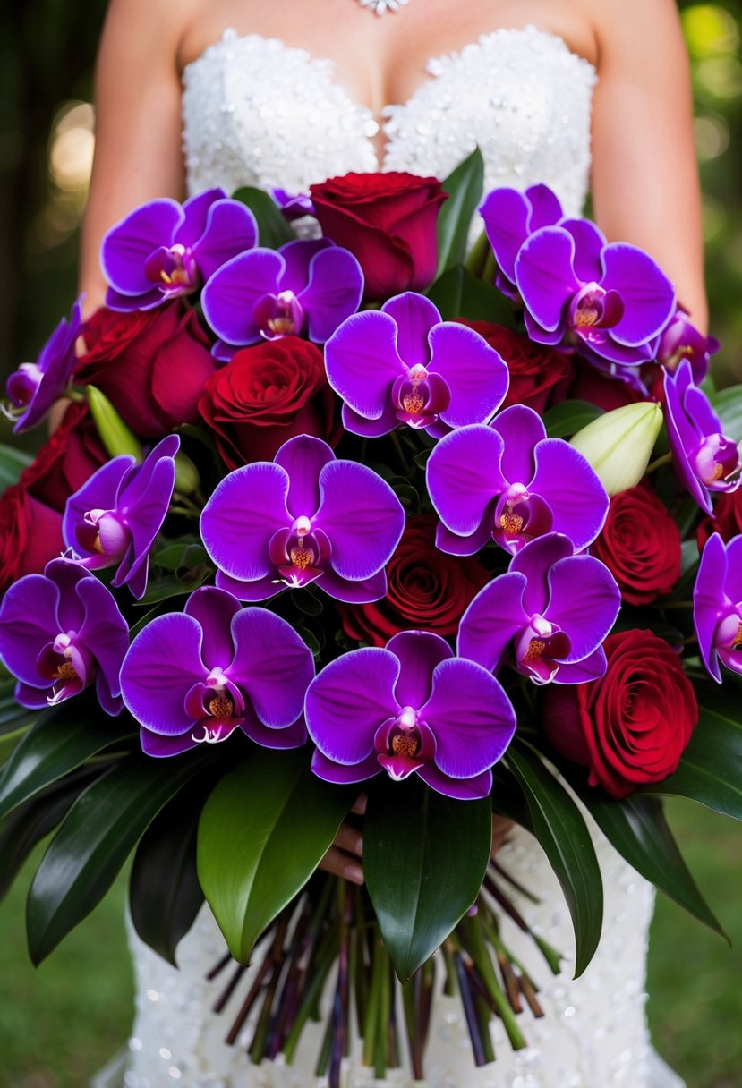 A lush bouquet of bold purple orchids and red roses, arranged in a beautiful and elegant wedding bouquet