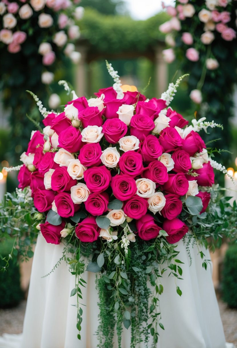 An opulent garden of vibrant roses, arranged in a lavish wedding bouquet, with cascading greenery and delicate accents