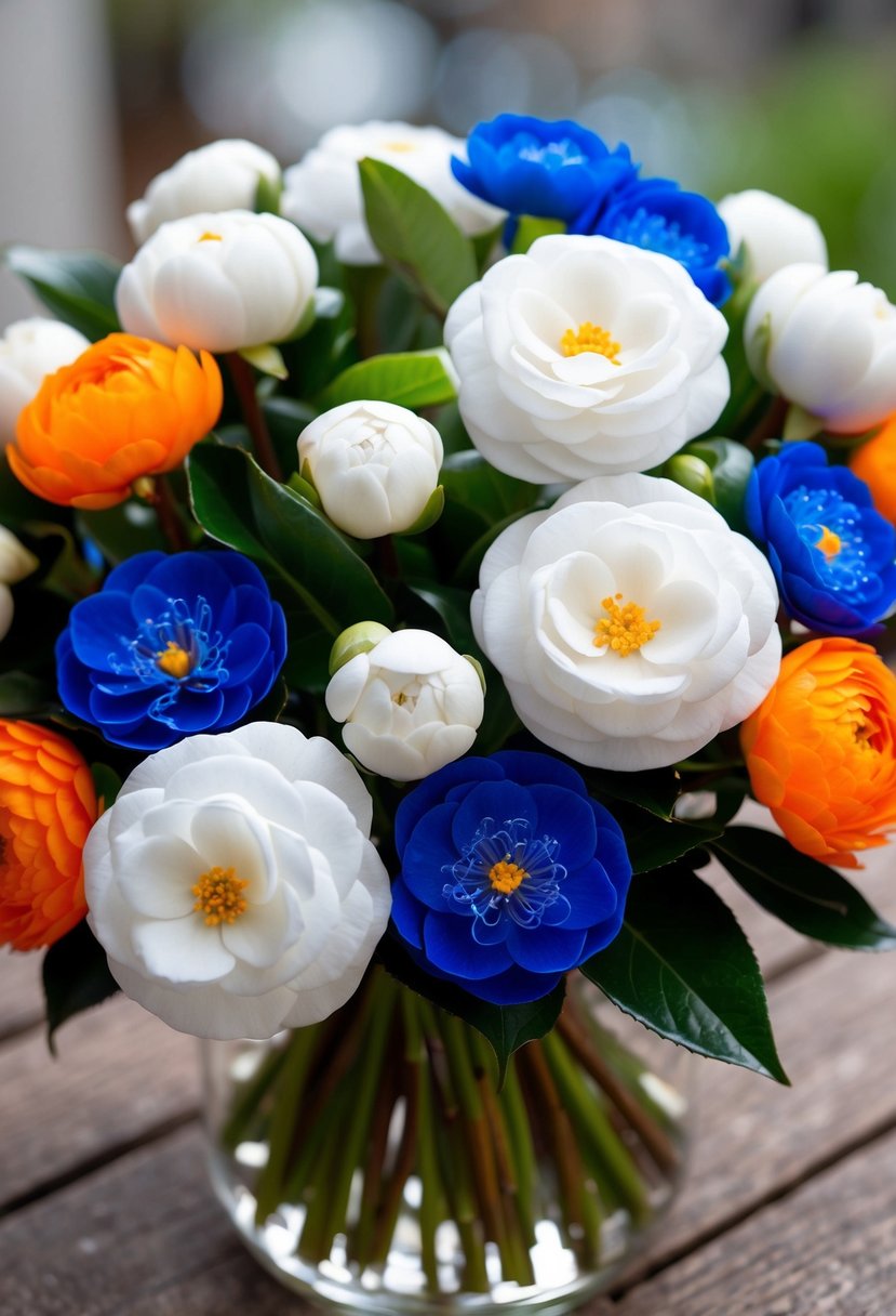 A vibrant bouquet of silver brunia and white camellias accented with orange and blue flowers