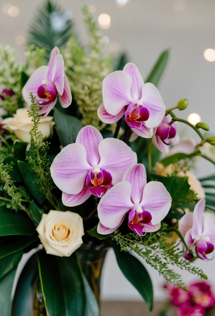 A lush bouquet of orchids and roses surrounded by delicate greenery