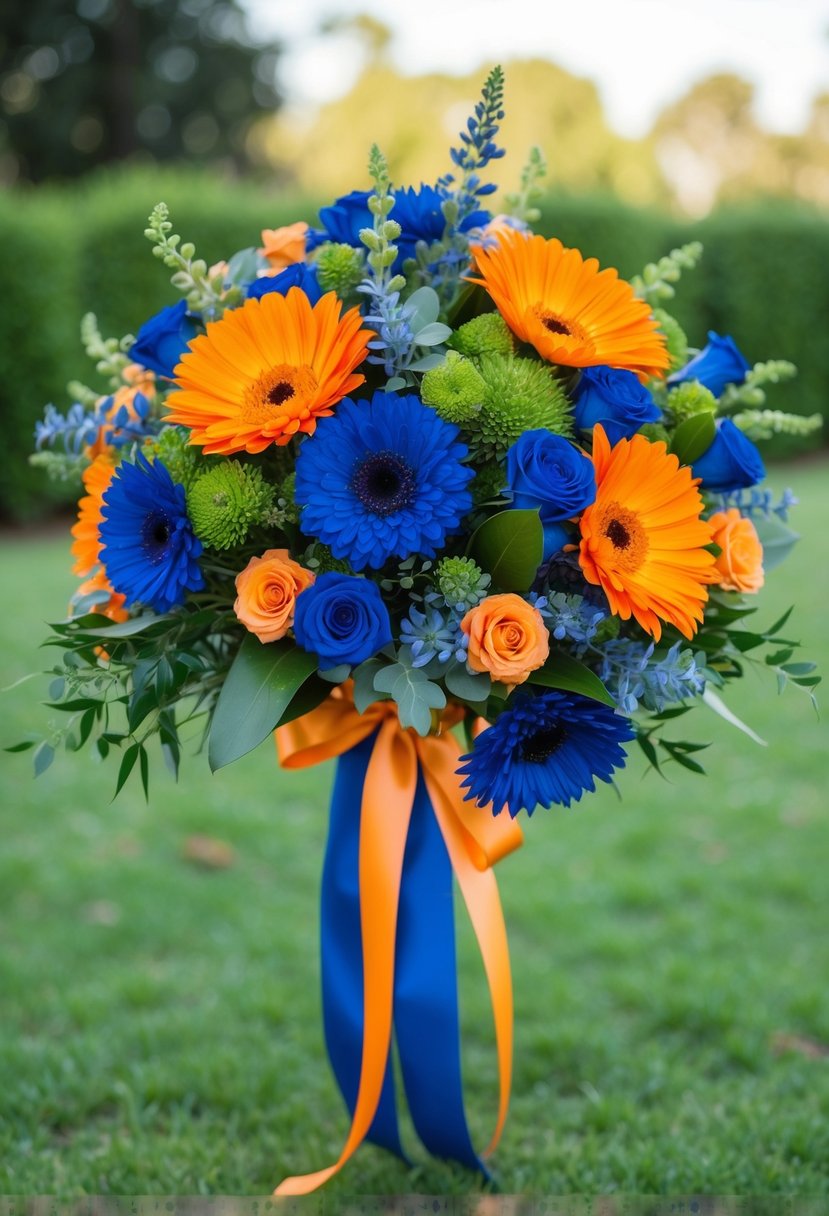 Vibrant orange and blue flowers arranged in a cascading bouquet, accented with greenery and tied with a ribbon