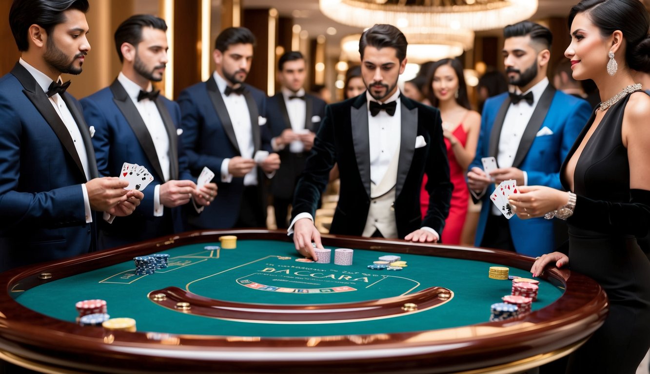 Sebuah meja baccarat yang ramping dan elegan dengan kayu yang dipoles dan beludru, dikelilingi oleh pemain yang mengenakan pakaian glamor, memegang kartu mereka dengan penuh antisipasi.