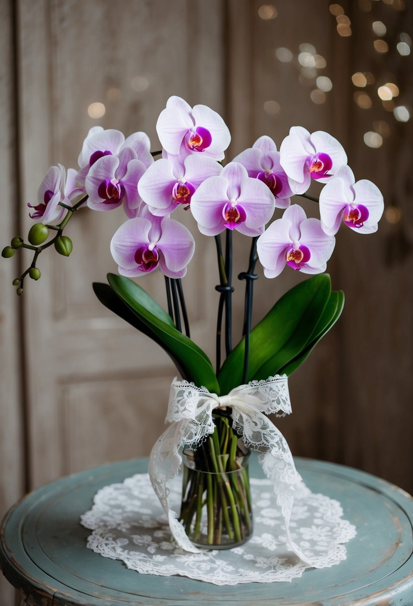 A delicate bouquet of orchids and roses, tied with lace ribbon, sits on a vintage wooden table