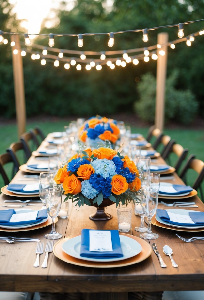 An outdoor table adorned with an orange and blue wedding bouquet centerpiece, surrounded by elegant place settings and twinkling string lights