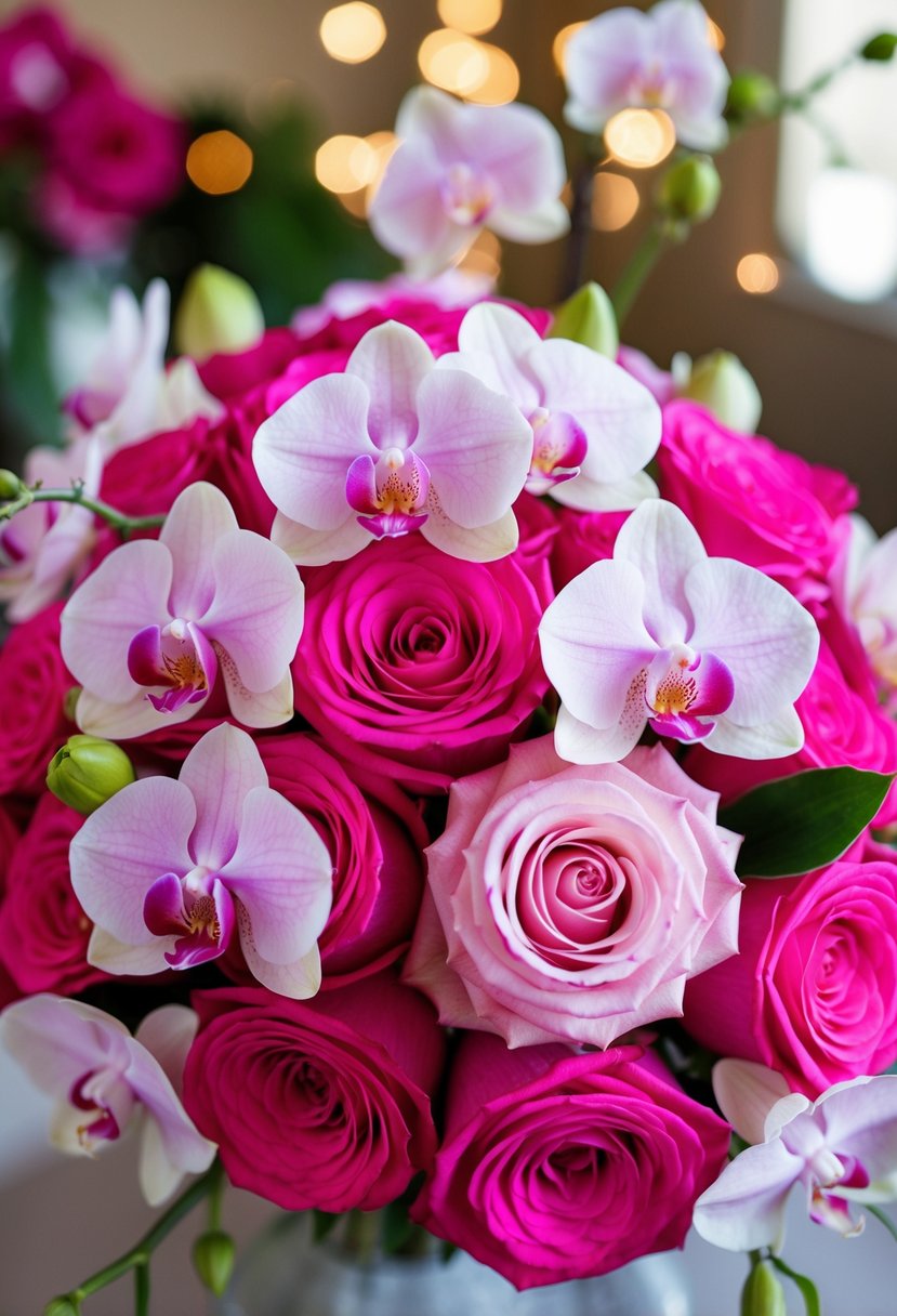 A lush bouquet of pink roses and orchids intertwined