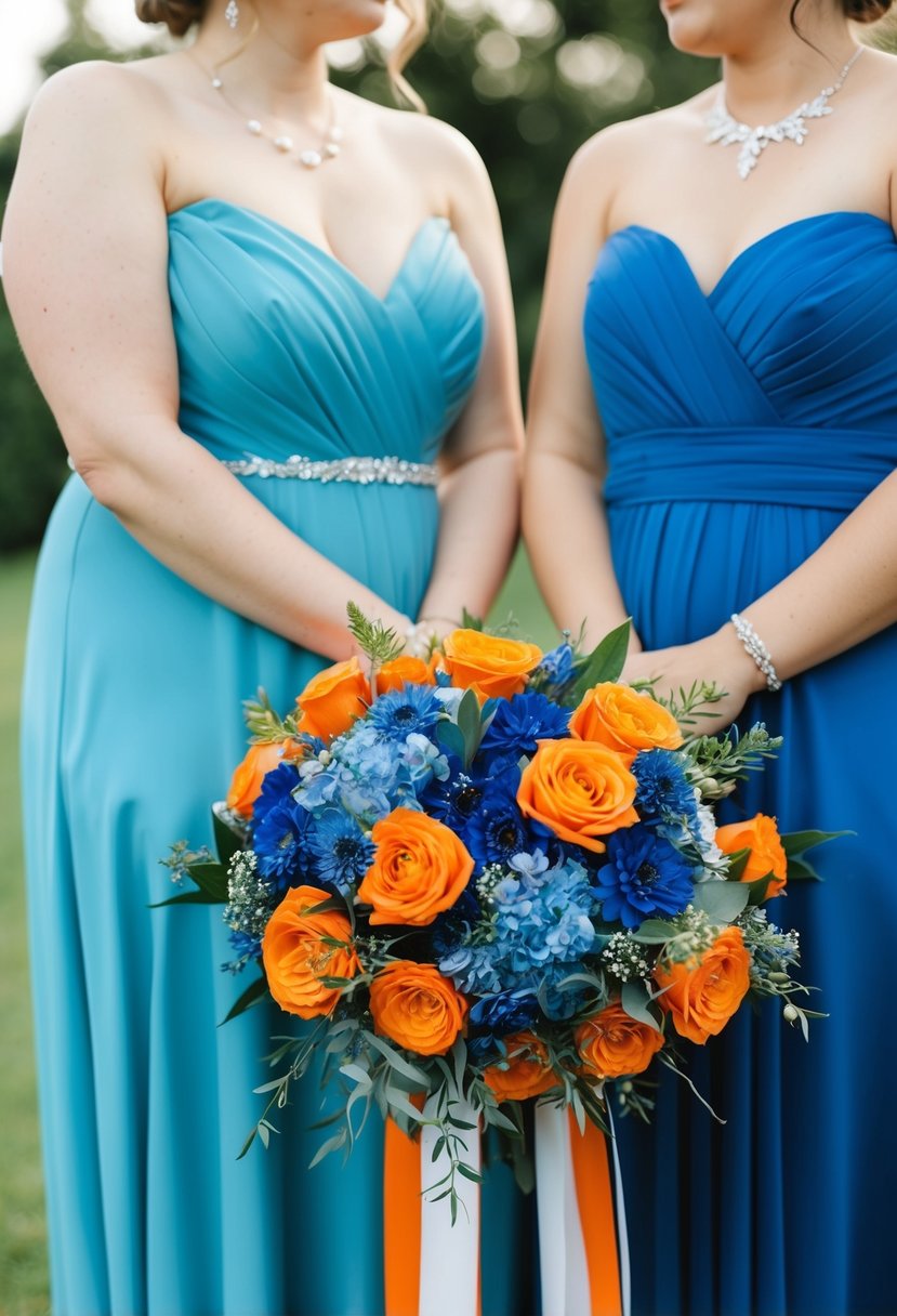 Soft blue dresses contrast with vibrant orange and blue wedding bouquets