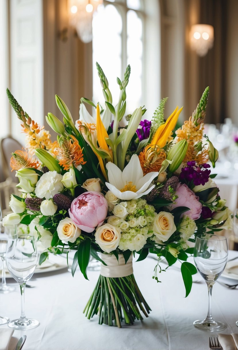 A lavish bouquet of English blooms fused with exotic flowers, arranged in a luxurious and elegant wedding setting