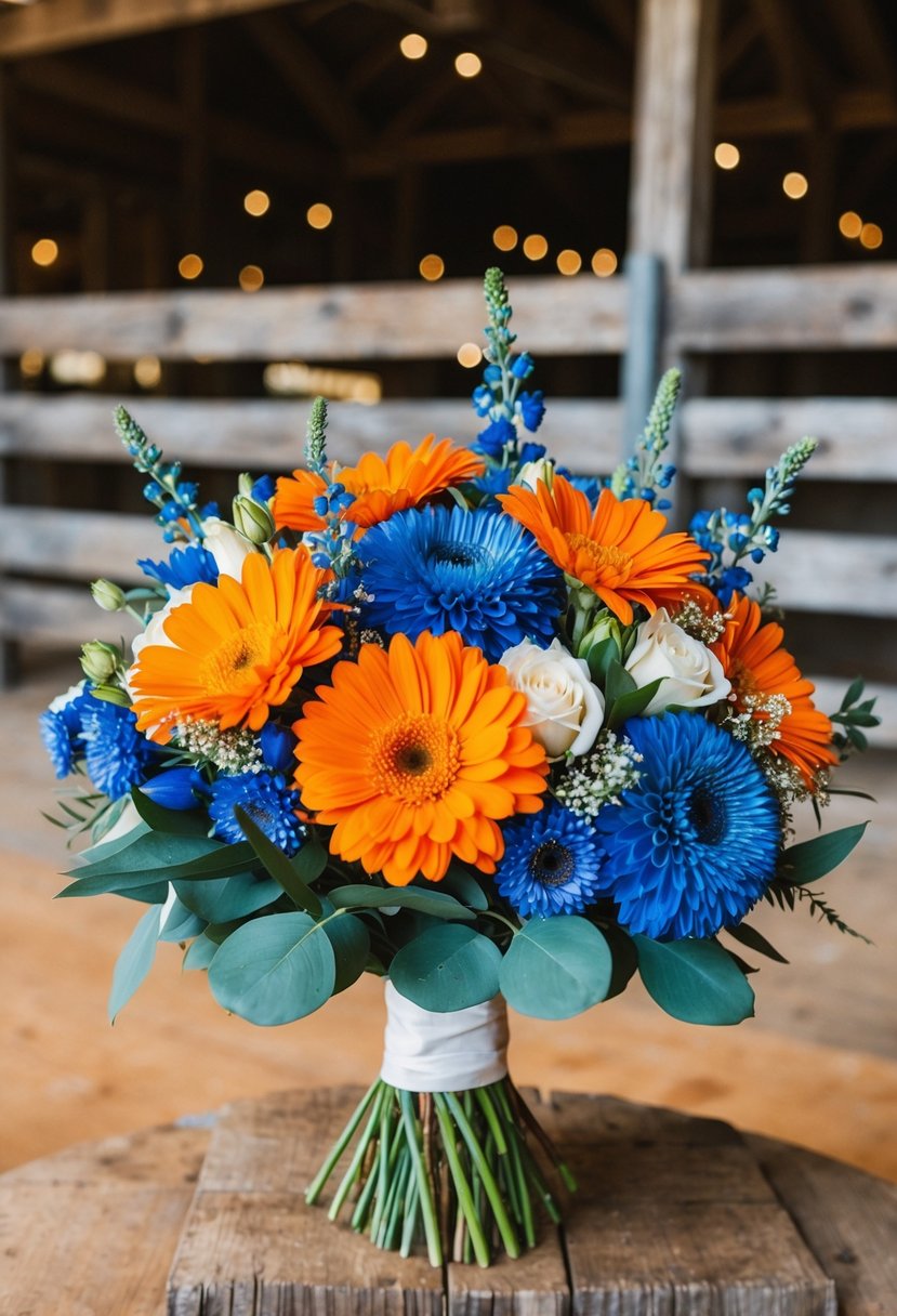 A rustic barn setting with vibrant orange and blue flowers arranged in a beautiful wedding bouquet