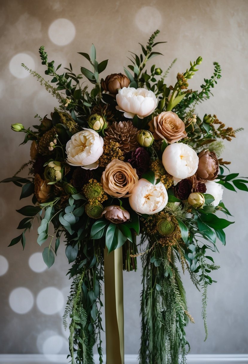 A lush, earth-toned floral bouquet with roses, peonies, and greenery arranged in a luxurious, cascading design