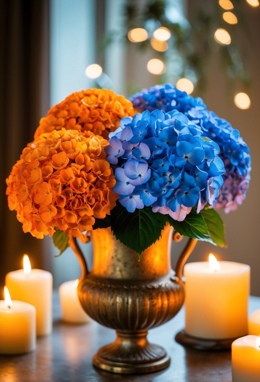 Vibrant orange and blue hydrangeas arranged in an antique vase, surrounded by soft candlelight