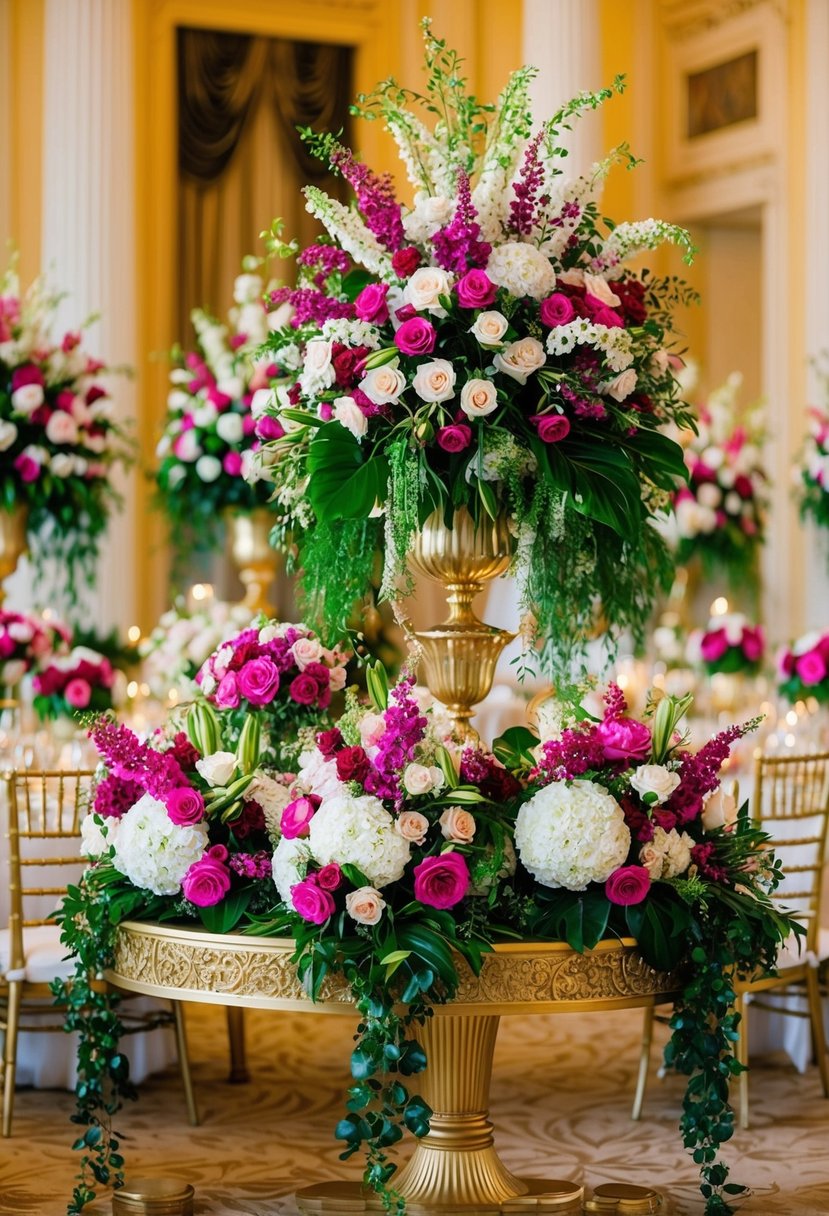 A lavish display of opulent bridal bouquets arranged on a gilded table in a grand ballroom. Rich, vibrant flowers and cascading greenery create a sense of luxury and elegance