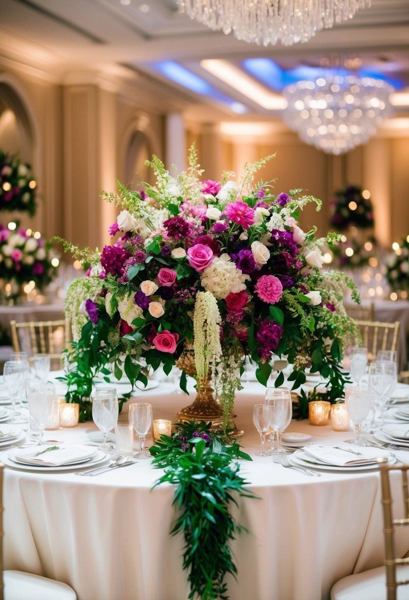 A table adorned with an opulent wedding bouquet, featuring vibrant flowers, cascading greenery, and intricate embellishments