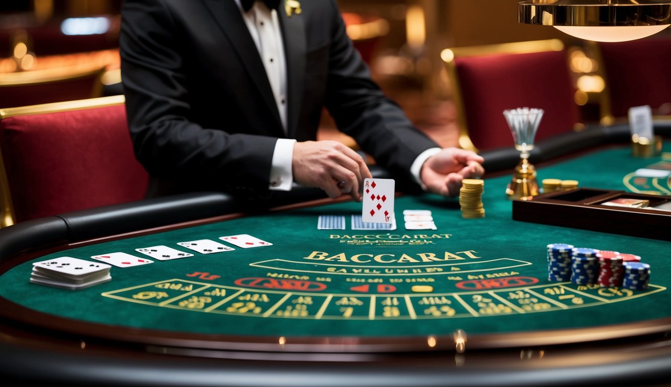 Sebuah meja baccarat dengan kartu, chip, dan seorang dealer