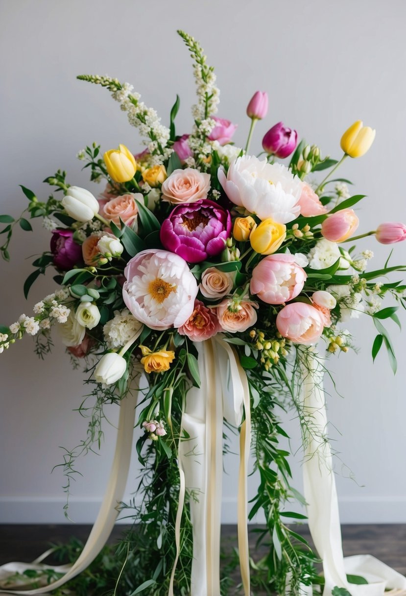 A vibrant bouquet of spring blossoms, including peonies, roses, and tulips, arranged in a cascading style with trailing greenery and delicate ribbons