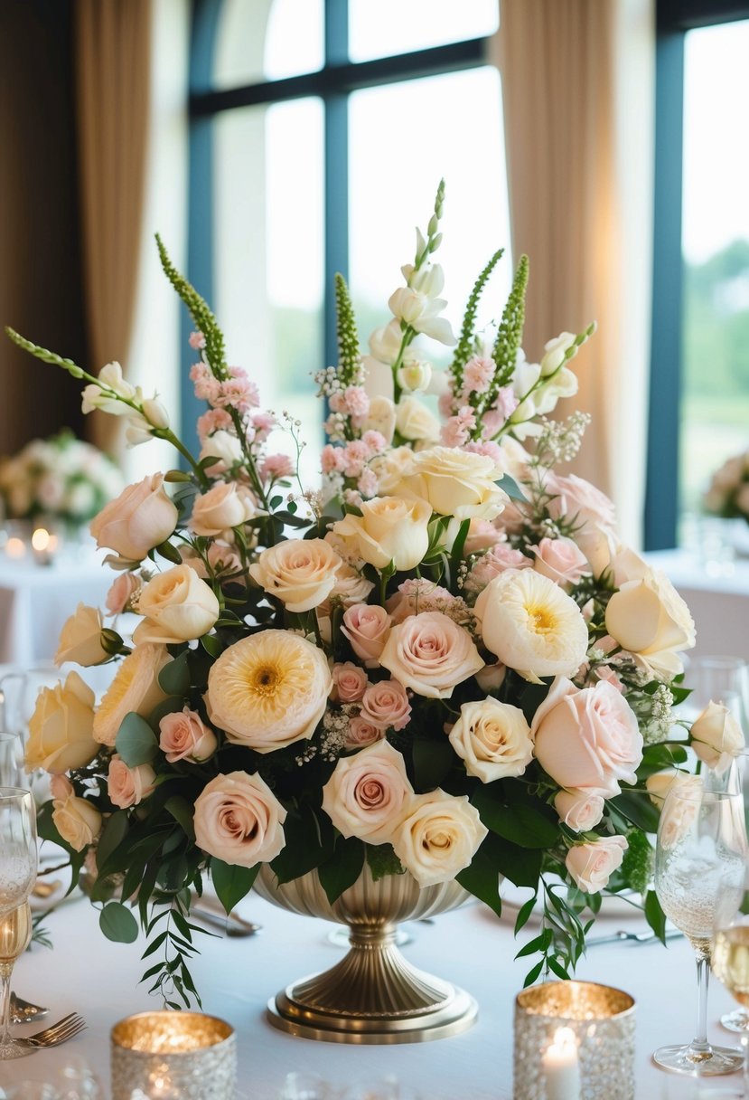 A lavish bouquet of Moab Roses and other elegant flowers arranged in a stunning centerpiece for a luxury wedding