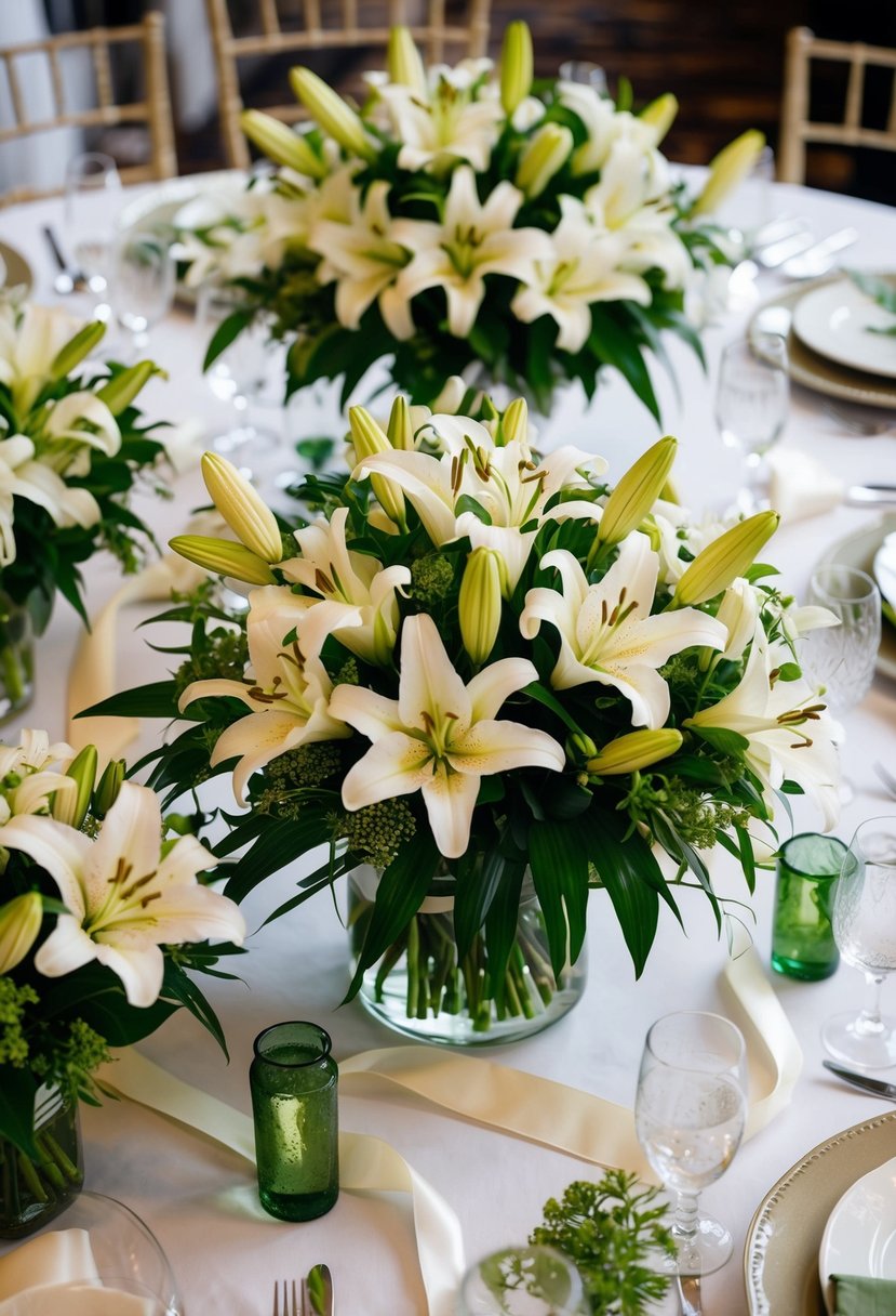 A table scattered with various lily wedding bouquet arrangements, surrounded by vases, ribbons, and greenery