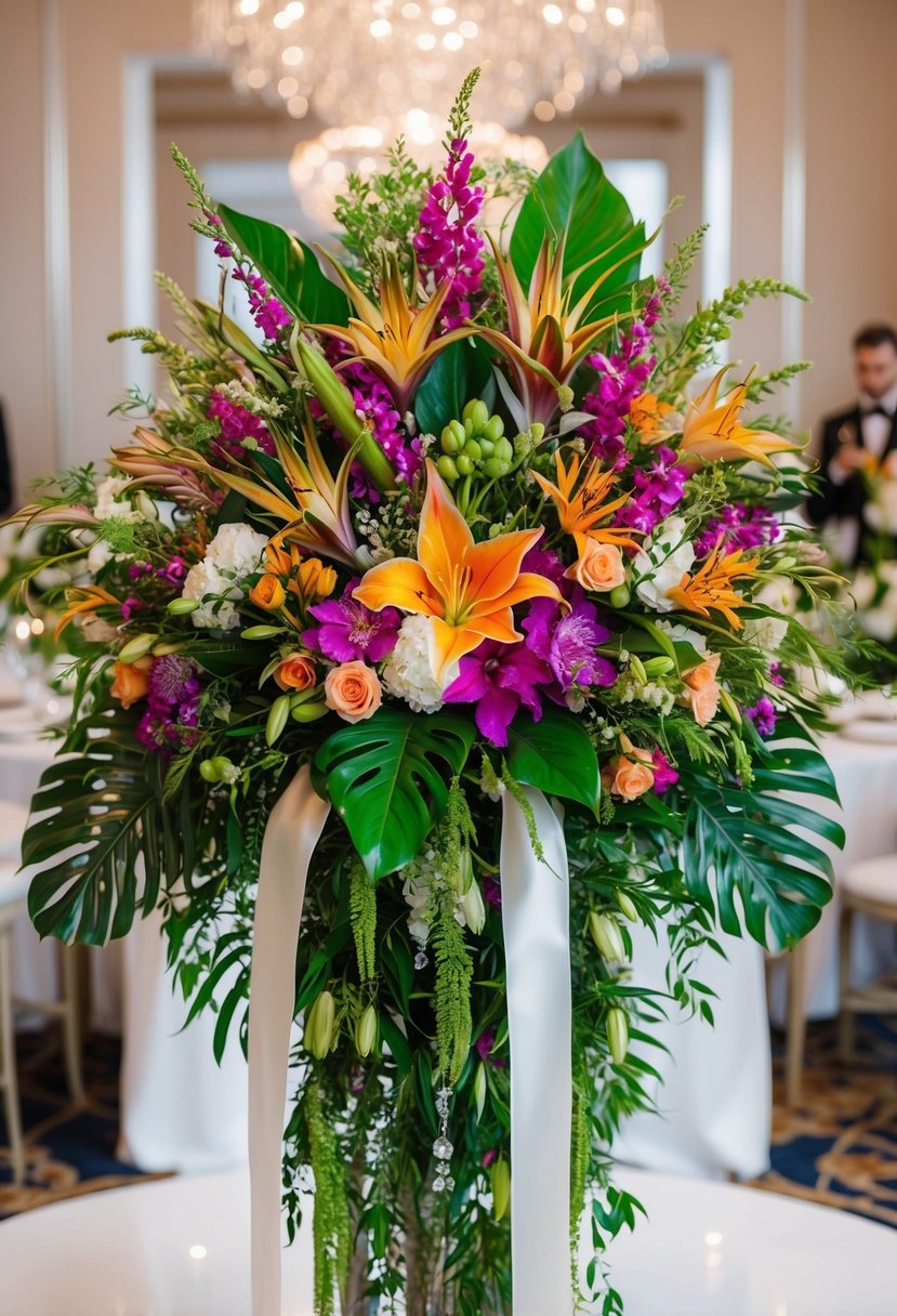 A lavish wedding bouquet bursting with vibrant, exotic blooms and cascading greenery, accented with delicate ribbons and sparkling jewels