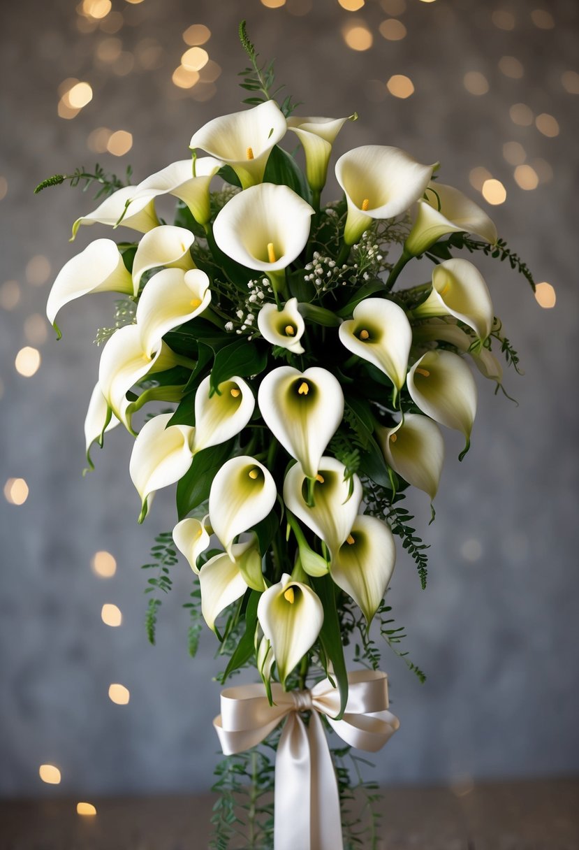 A cascading bouquet of elegant calla lilies in varying sizes and shades, accented with delicate greenery and tied with a satin ribbon